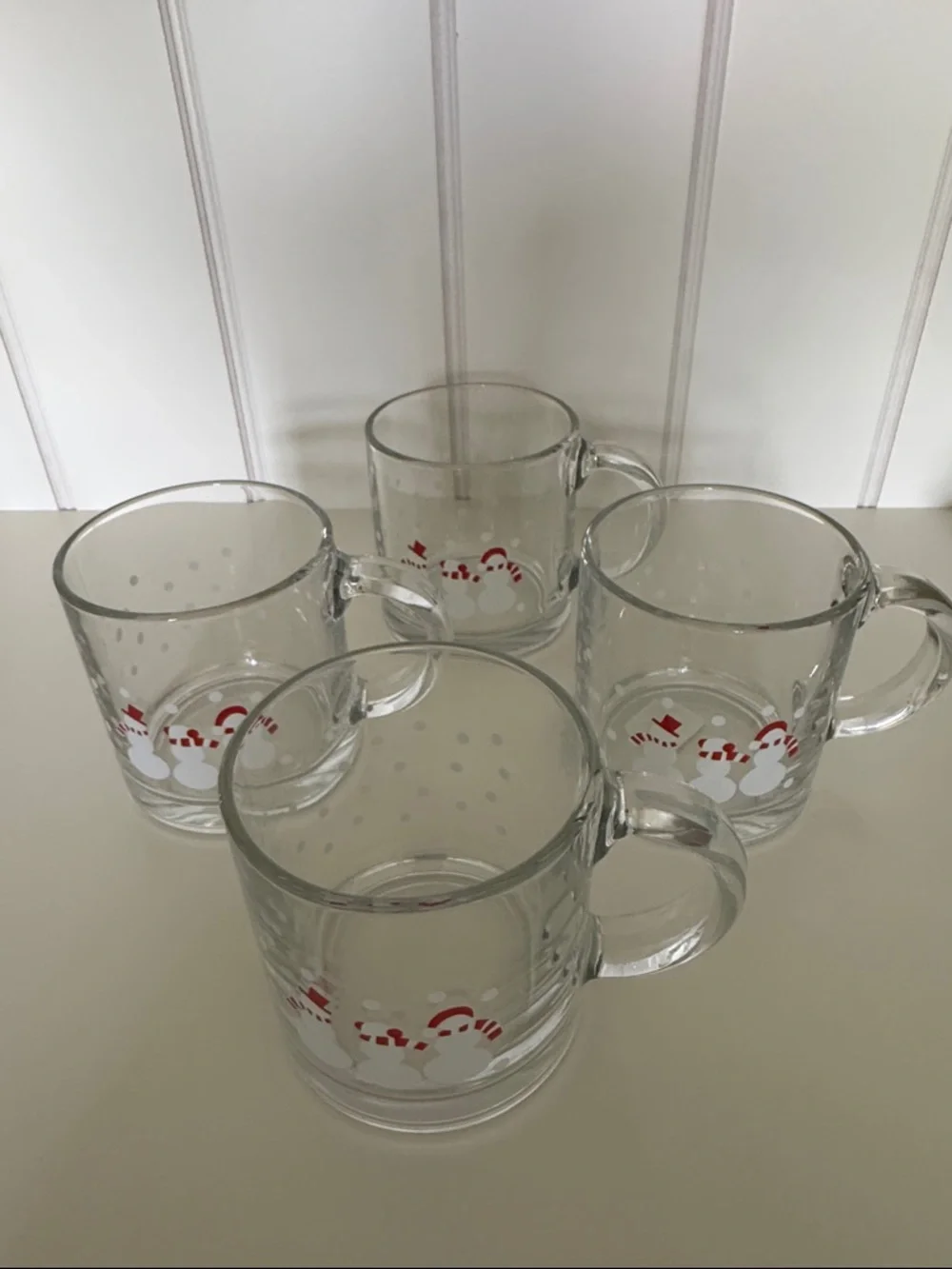 Set/4 Crate & Barrel Festive Snowman Glass Mugs, Clear w/ White and Red Accents